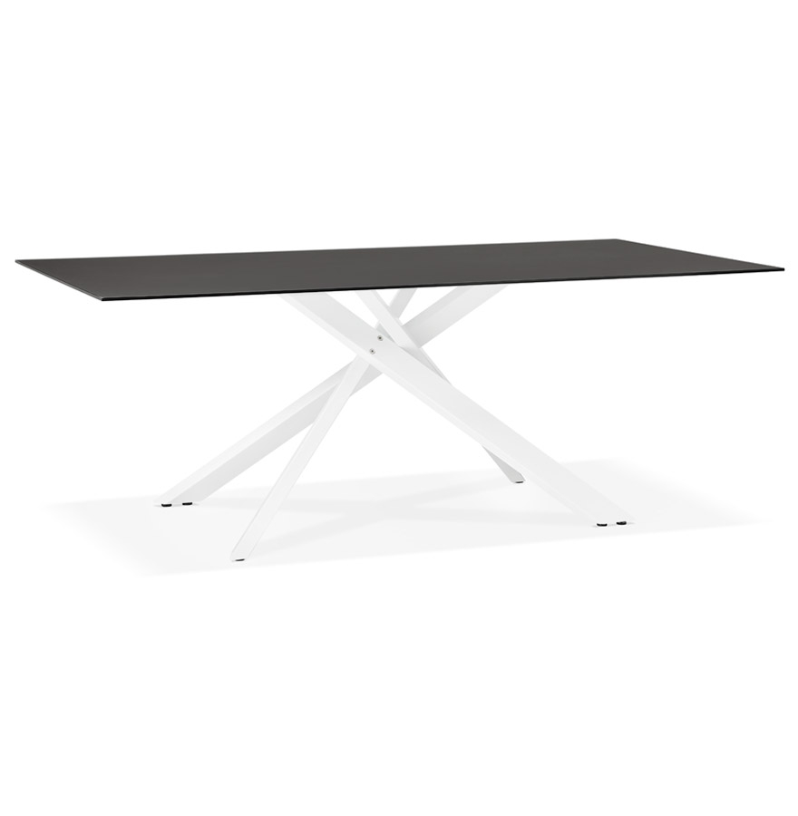 Table à diner design 'BIRDY' en verre noir avec pied central en x blanc - 200x100 cm vue2