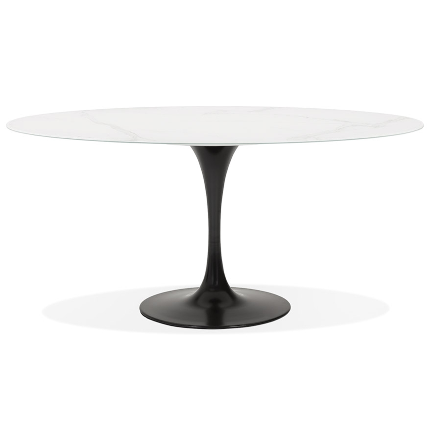 Table à manger 'CHAMAN' ovale en verre blanc effet marbre et pied central noir - 160x105 cm vue2