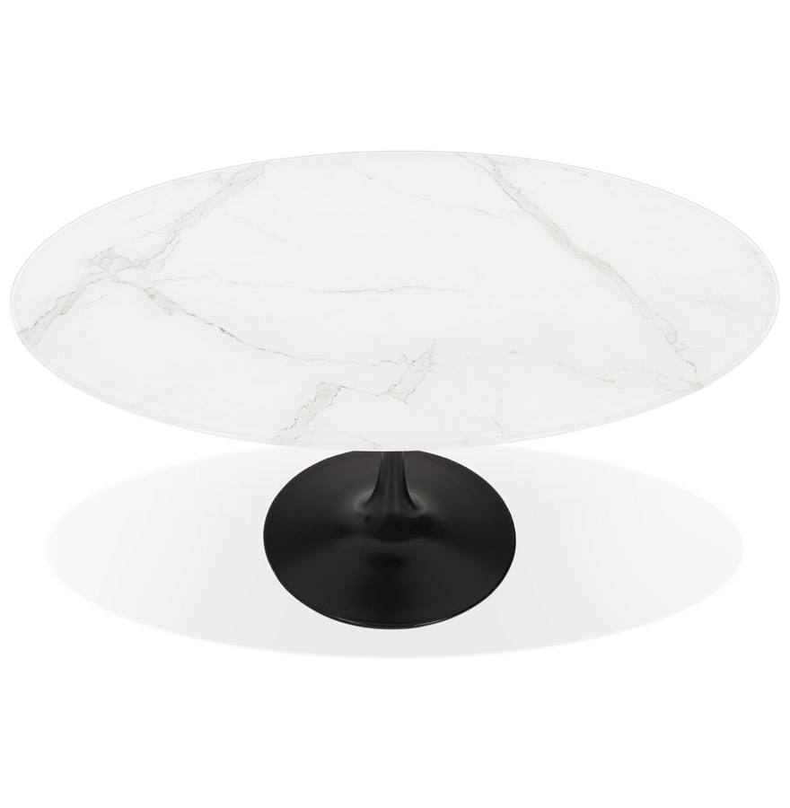 Table à manger 'CHAMAN' ovale en verre blanc effet marbre et pied central noir - 160x105 cm vue3