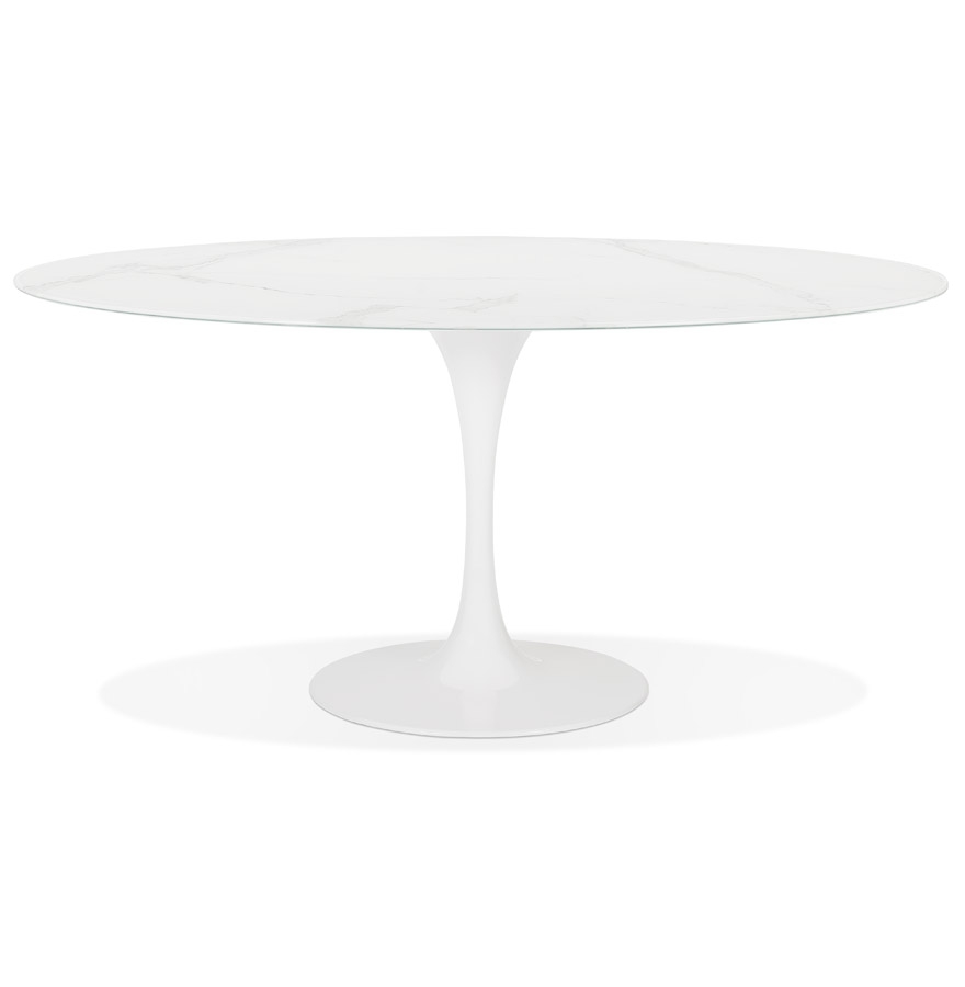 Table à manger design 'CHAMAN' ovale blanche en verre effet marbre - 160x105 cm vue2