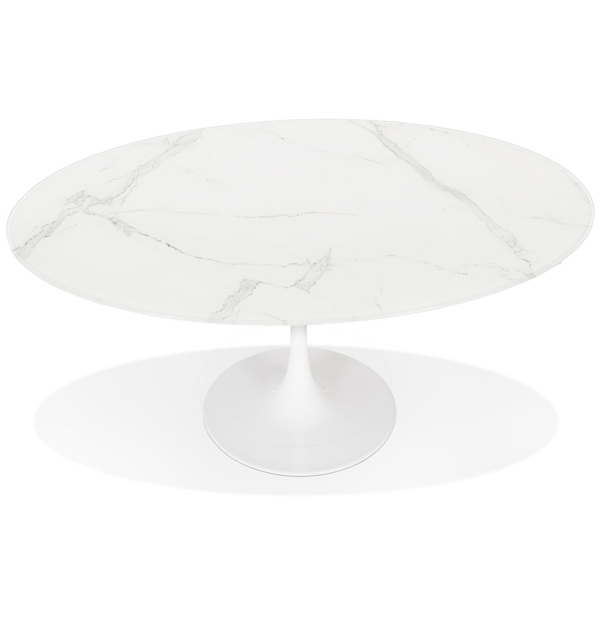 Table à manger design 'CHAMAN' ovale blanche en verre effet marbre - 160x105 cm vue3