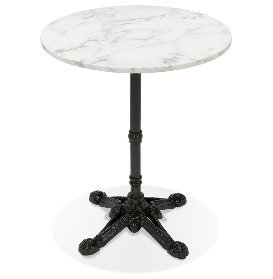 Petite table bistrot ronde MARAY en pierre blanche effet marbre et métal  noir - Ø 60 cm