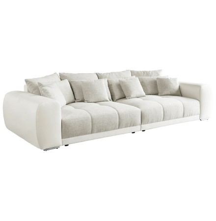 Grand canapé droit 'BYOUTY' blanc et gris clair 4 places en matière synthétique et tissu