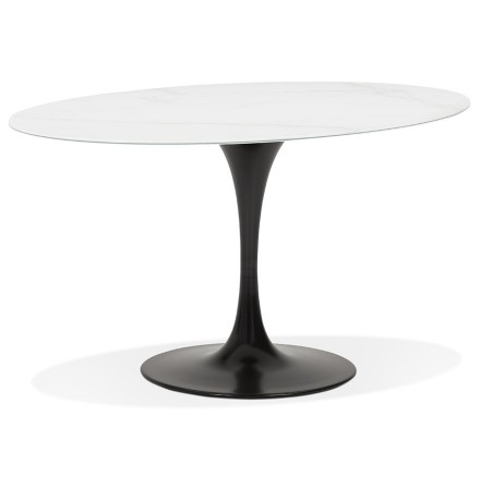 Table à manger 'CHAMAN' ovale en verre blanc effet marbre et pied central noir - 160x105 cm