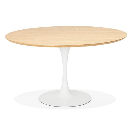 Table à dîner  / de bureau ronde design 'GLOBO' en bois finition naturelle et pied central en métal blanc - Ø120 cm