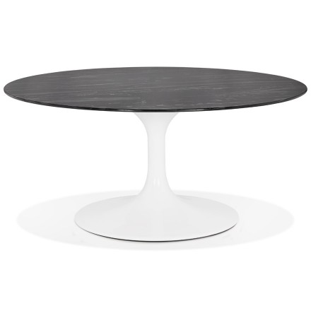 Table basse de salon ronde 'GOST MINI' en verre noir effet marbre et pied central blanc
