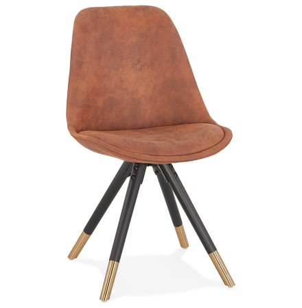 Chaise design 'MAGGY' en microfibre brune et pieds en bois noir