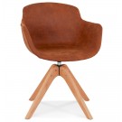 Chaise avec accoudoirs 'MARTIN' en microfibre brune et pieds en bois naturel