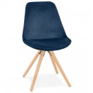 Chaise vintage 'RICKY' en velours bleu et pieds en bois naturel
