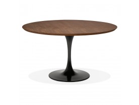 Table à dîner  / de bureau ronde design 'GLOBO' en bois finition Noyer et pied central en métal noir - Ø120 cm