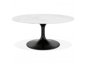 Table basse de salon ronde 'GOST MINI' en verre blanc effet marbre et pied central noir