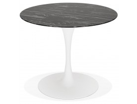 Table à manger 'GOST' ronde en verre noir effet marbre et pied central blanc - Ø 90 CM