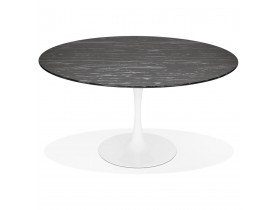 Table à manger 'SHADOW' ronde en verre noir effet marbre et pied central blanc - Ø 140 CM