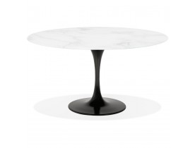 Table à manger 'SHADOW' ronde en verre blanc effet marbre et pied central noir - Ø 140 CM