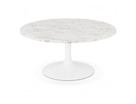 Table basse de salon 'URSUS MINI' blanche en pierre effet marbre avec un pied central
