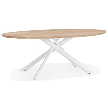 Table à manger ovale 'CABANA' en chêne massif avec pied en x en métal blanc - Ø 200 cm