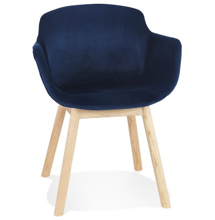 Chaise avec accoudoirs 'FRIDA' en velours bleu et pieds en bois naturel