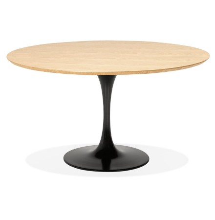 Table à dîner  / de bureau ronde design 'GLOBO' en bois finition naturelle et pied central en métal noir - Ø120 cm