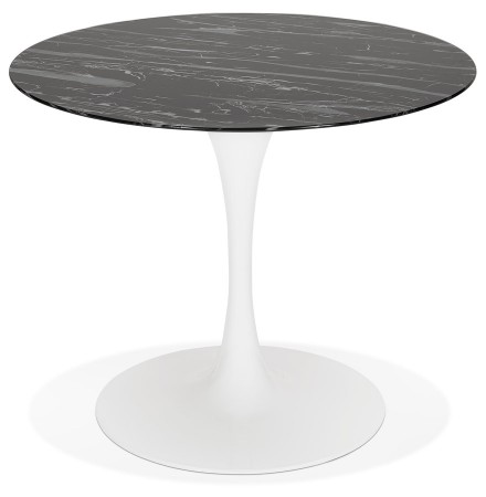 Table à manger 'GOST' ronde en verre noir effet marbre et pied central blanc - Ø 90 CM