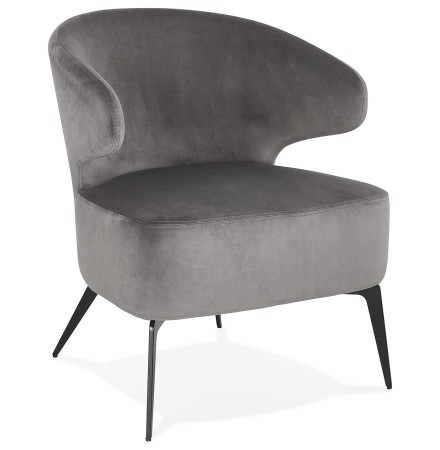 Fauteuil lounge design 'VICTOR' en velours gris et pieds en métal noir