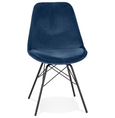 Chaise design 'ZAZY' en velours bleu et pieds en métal noir