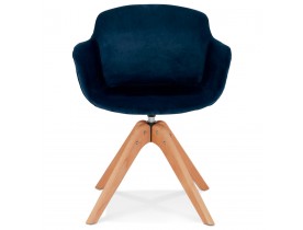 Chaise avec accoudoirs 'BERNI' en velours bleu et pieds en bois naturel