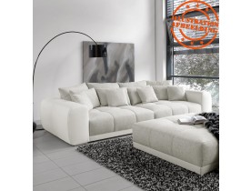 Grand canapé droit 'BYOUTY' blanc et gris clair 4 places en similicuir et tissu