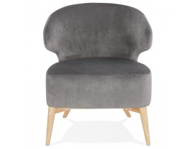 Fauteuil lounge vintage 'LUXY' en velours gris et pieds en bois finition naturelle