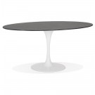 Table à manger 'CHAMAN' ovale en verre noir effet marbre et pied central blanc - 160x105 cm