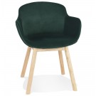 Chaise avec accoudoirs 'FRIDA' en velours vert et pieds en bois naturel
