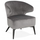 Fauteuil lounge vintage 'LUXY' en velours gris et pieds en bois noir