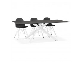 Table à diner design 'BIRDY' en verre noir avec pied central en x blanc - 200x100 cm