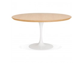 Table de salle à manger ronde 'BRIK' en bois finition naturelle et pied central en métal blanc - Ø 140 cm