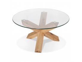 Table basse de salon 'MAGIK' ronde en verre et bois massif