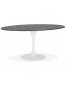 Table à manger 'CHAMAN' ovale en verre noir effet marbre et pied central blanc - 160x105 cm