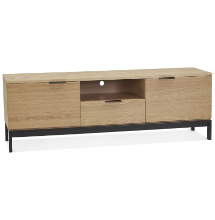 Design tv-meubel 'CATODIK' in hout met natuurlijke afwerking en zwart metaal