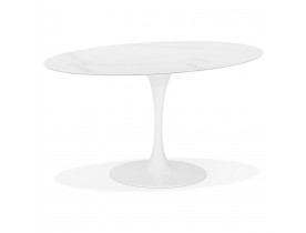 Witte ovalen design eettafel 'CHAMAN' van glas met marmereffect - 160x105 cm