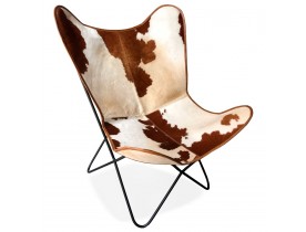 Vlinderstoel 'FOX' in leer met gevlekte vacht in bruin en wit 