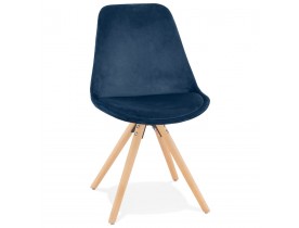 Vintage 'RICKY' stoel in blauw fluweel met poten in natuurlijk hout