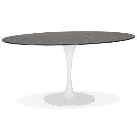 Zwarte ovalen eettafel 'CHAMAN' van glas met marmereffect en witte centrale poot - 160x105 cm