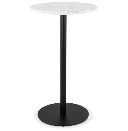 Ronde hoge tafel 'CORY ROUND' van wit gemarmerde steen en zwart metaal - 60x60 cm
