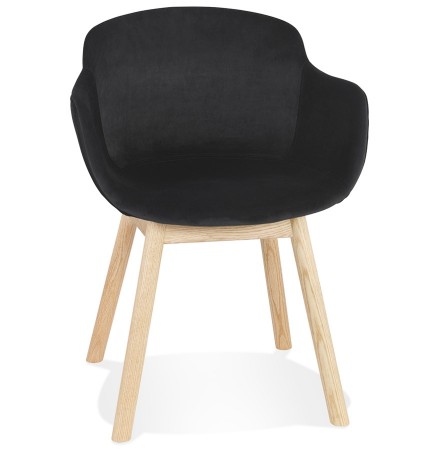 Zwarte fluwelen stoel 'FRIDA' met armleuningen en poten van natuurlijk hout