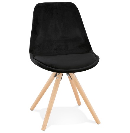 Vintage 'RICKY' stoel in zwart fluweel met poten in natuurlijk hout
