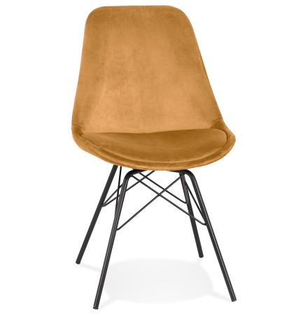 Design stoel 'ZAZY' van mosterde fluweel met zwarte metalen poten