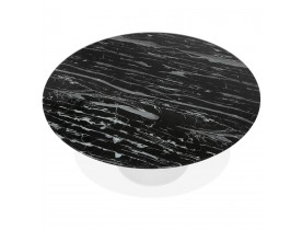 Ronde eettafel 'SHADOW' van zwart glas met marmereffect en centrale witte poot - Ø 140 cm