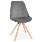 Vintage 'RICKY' stoel in grijs fluweel met poten in natuurlijk hout