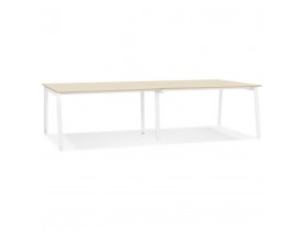 Double bureau bench / table de réunion 'AMADEUS' en bois finition naturelle et métal blanc - 280x140 cm