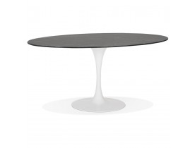 Zwarte ovalen eettafel 'CHAMAN' van glas met marmereffect en witte centrale poot - 160x105 cm