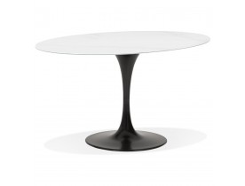 Witte ovalen eettafel 'CHAMAN' van glas met marmereffect en zwarte centrale poot - 160x105 cm