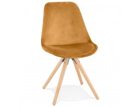 Vintage stoel 'RICKY' in mosterd fluweel en poten in natuurkleurig hout